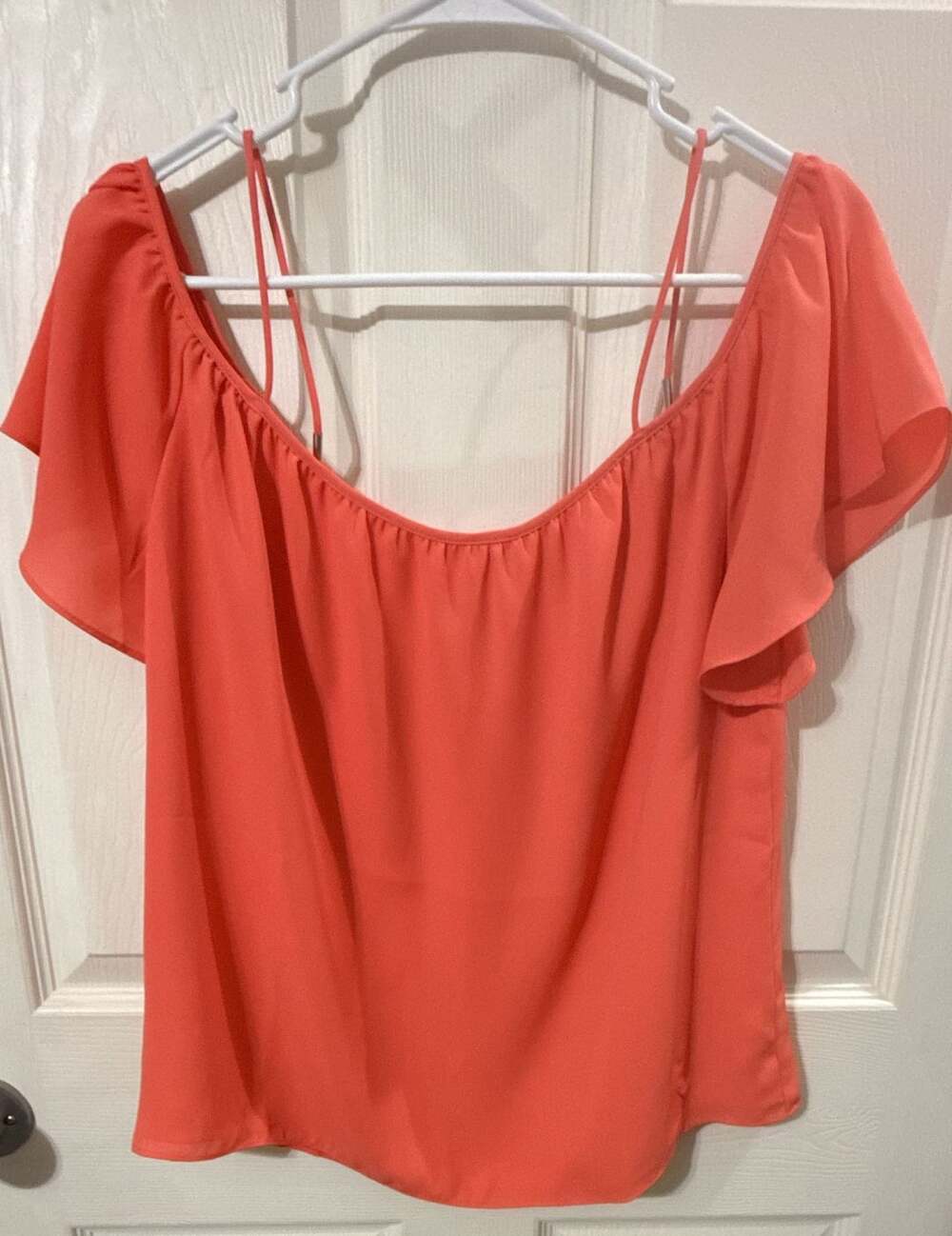 Calvin Klein Blouse Size M Coral Cold Shoulder Frill Sleeve